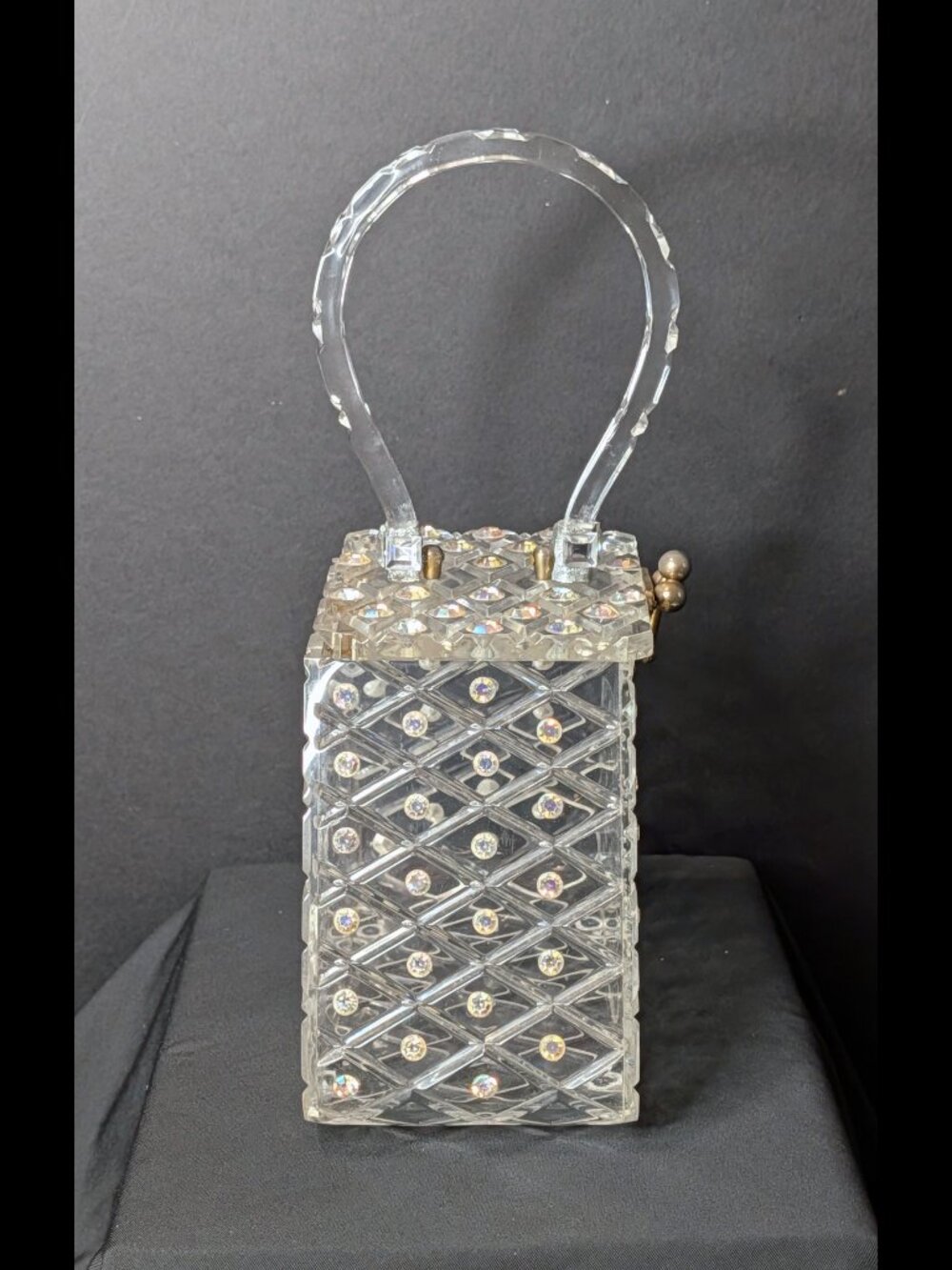 Unbelievable CHARLES KAHN Clear Lattice Rhinestone 1950s Lucite Purse, Good Cond - Picture 5 of 15